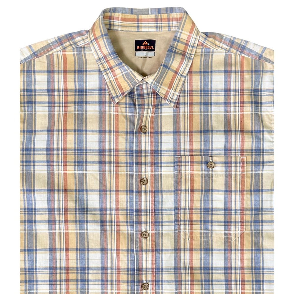 Ridgecut Toughwear Mens Large Plaid Short Sleeve Button‎ Down Shirt Tan Blue